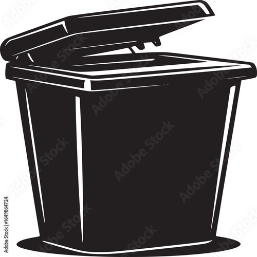 A black and white illustration of an open trash can with a shadow on a white isolated background