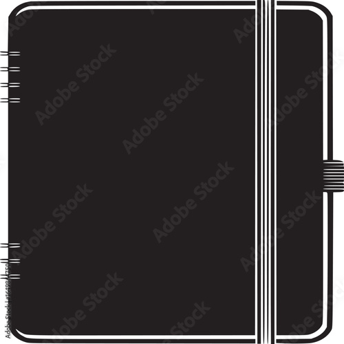 A minimalist black notebook with a white outline and an elastic band on a white background studio shot