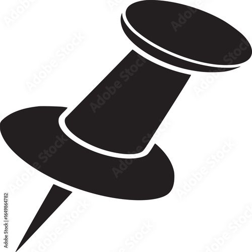 A graphic illustration of a black push pin on a white background in a simple and clean style