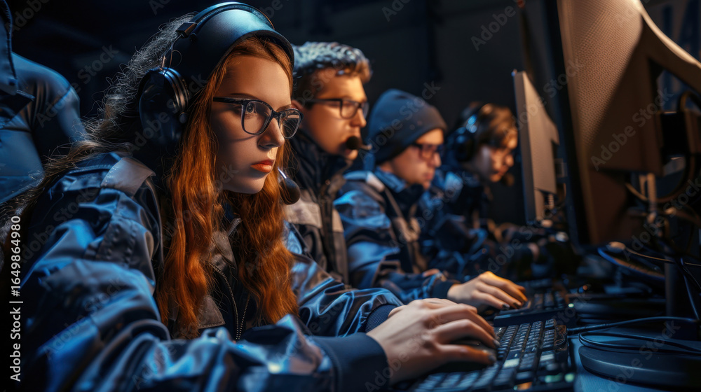 Obraz premium Young gamers focused on competitive gaming in dimly lit environment, wearing headsets and using computers. atmosphere is intense, showcasing teamwork and concentration