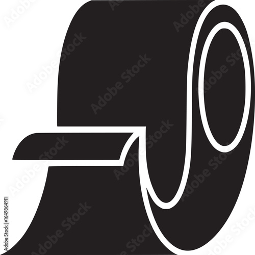 A bold graphic illustration of a roll of tape in black and white with a minimalist design style
