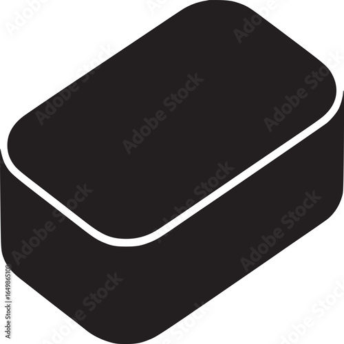 A black rectangular prism with rounded edges, positioned on a white background in a simple graphic style