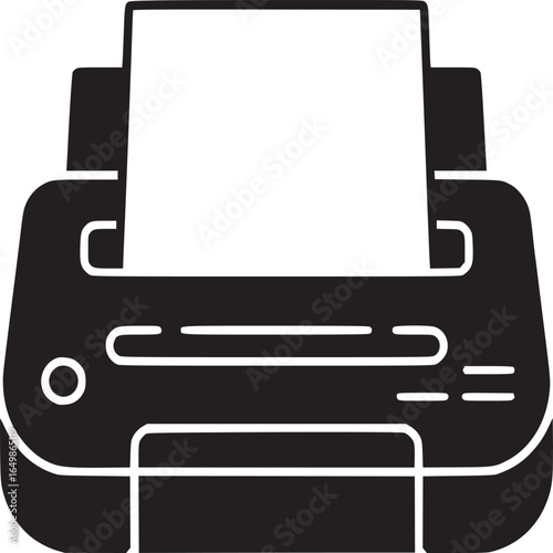 A black and white illustration of a printer with paper in it on a white background in a simple style