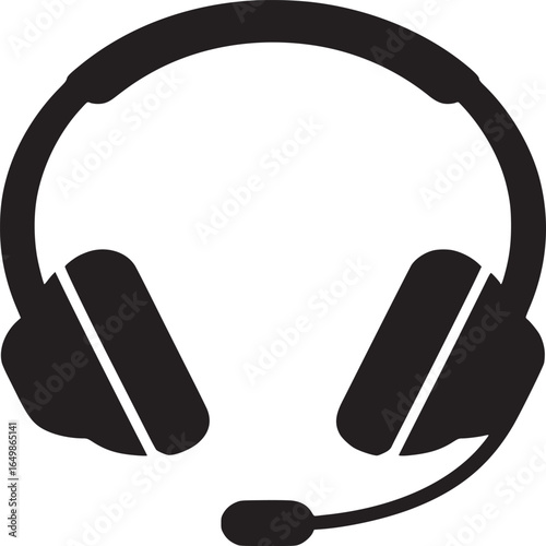 A black and white illustration of a headset with a microphone on a plain white background design view