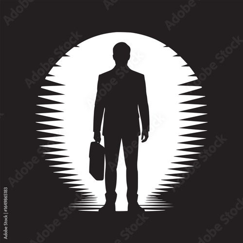 Silhouette of a businessman with briefcase standing against a radiating white light background design