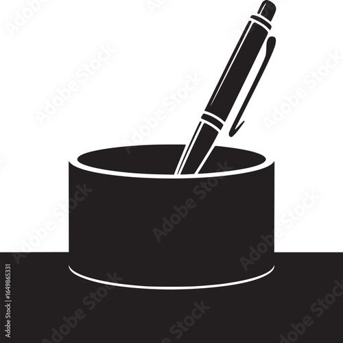 A black and white image of a pen inside a black cylindrical container on a black and white background
