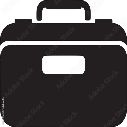 A simple black and white graphic illustration of a briefcase with a handle on a white background