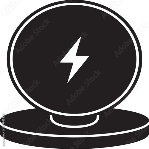 A black and white illustration of a wireless charger with a lightning bolt symbol on the top surface