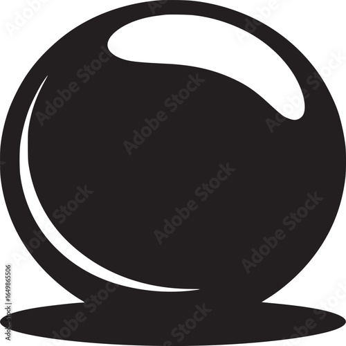 A simple black and white illustration of a sphere with a reflection and a shadow on a white background