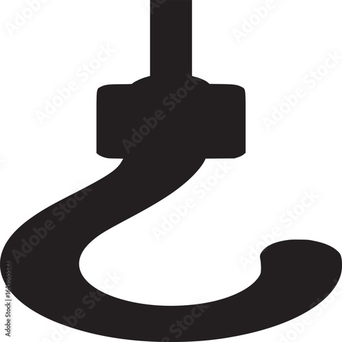 A simple black hook hanging down from above against a plain white isolated background in a minimalist style