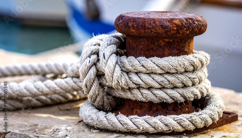 Close-up of a weathered mooring bollard wrapped with nautical rope.