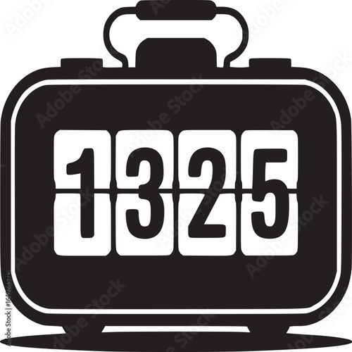A black and white illustration of a flip clock displaying the time as thirteen twenty five o clock