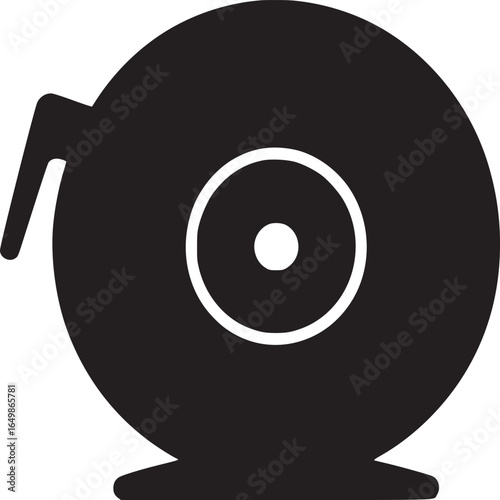 A simple black and white silhouette of a webcam with a circular lens and a small stand on a white surface