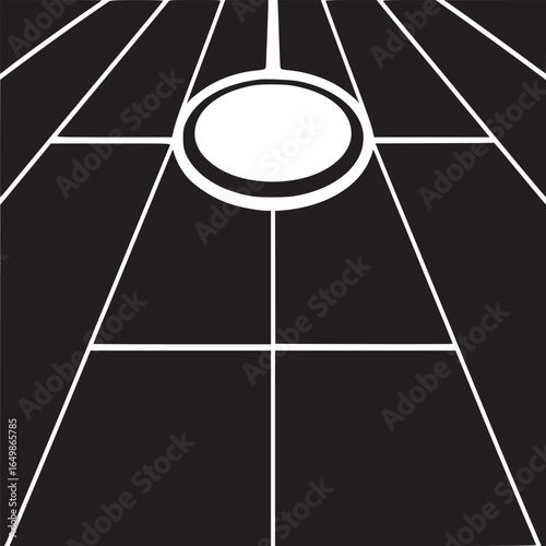 A black and white graphic design featuring an oval shape surrounded by lines on a black background