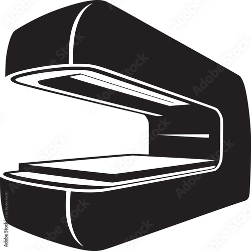 A black and white graphic illustration of a stapler on a plain white background in simple style