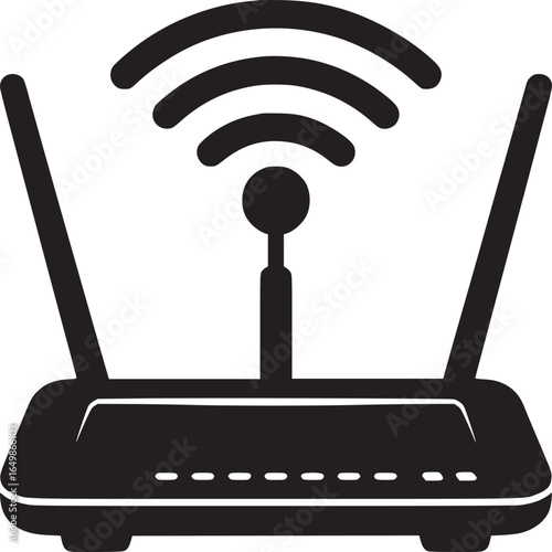 A black and white illustration of a wireless router with two antennas and wifi signal icon above it