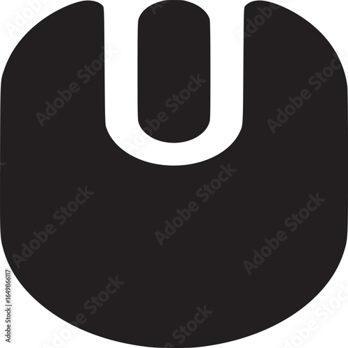 A minimalist black and white graphic of a computer mouse with a simple u shaped design element above