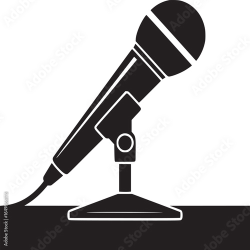 A black and white illustration of a microphone on a stand against a white and black background design