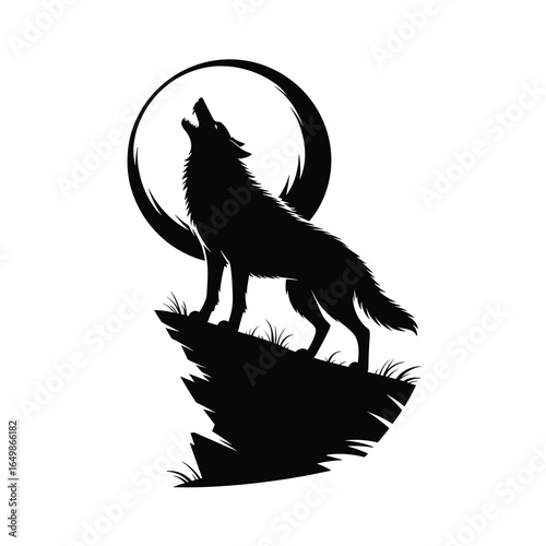 A single vector silhouette of a Wolf howling at the Full Moon, designed in a dramatic and eerie Halloween style 