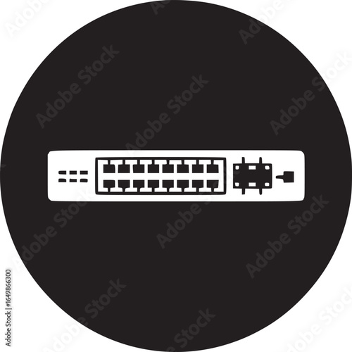 White dvi connector illustration on a black circle against a white background in a minimalist style