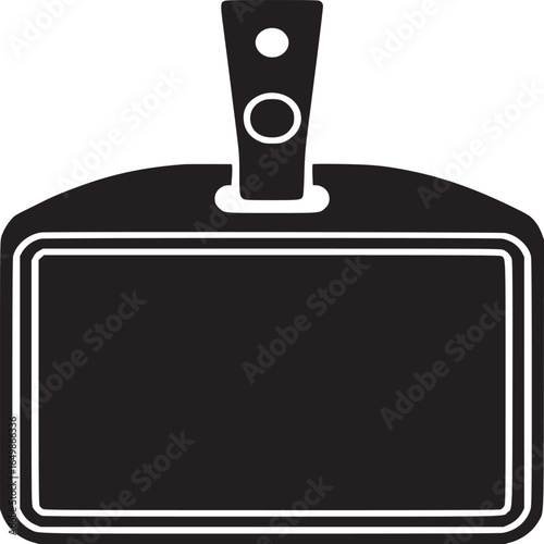 A black and white identification badge with a rectangular shape and a lanyard attachment at the top