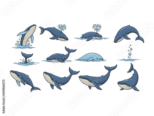 Ocean Giants: A captivating collection of majestic blue whales, meticulously crafted to highlight the ocean's enigmatic leviathans in a series of charming illustrations.