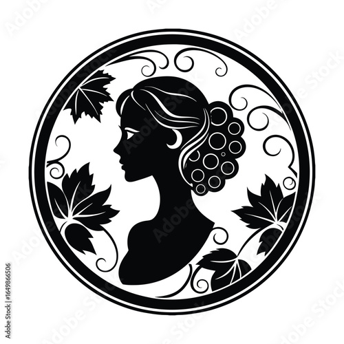 Silhouette a woman's profile with ornate hair leaves in a circle face head