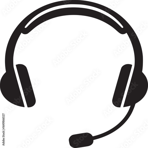 Isolated black and white vector illustration of a headset with microphone on a plain white background