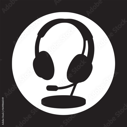 A black and white graphic of a headset with a microphone inside of a white circle on black background