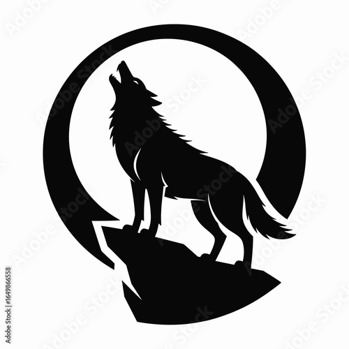 A single vector silhouette of a Wolf howling at the Full Moon, designed in a dramatic and eerie Halloween style 