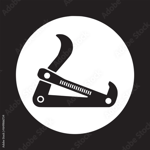 A graphic icon of a black pruning tool with a curved blade inside a white circle on a black background
