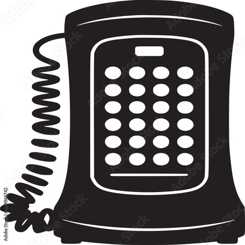 A black and white graphic illustration of a push button telephone with a curly cord on the side