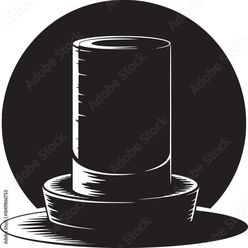 A black and white illustration of a cylinder on a platform against a black circular background art