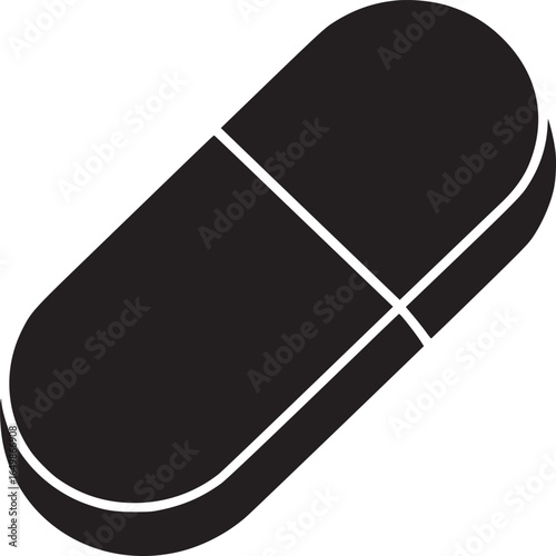 A minimalist black and white illustration of a capsule pill with a white line separating the halves