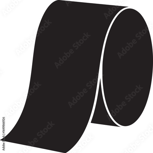 A black roll of tape unrolling on a white background in a minimalist style graphic illustration