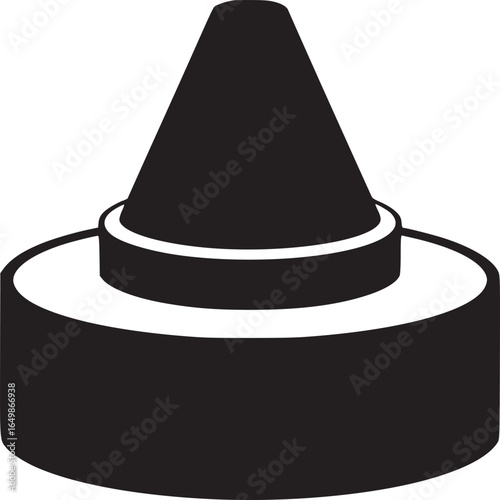 A black and white illustration of a crayon with a conical top and a cylindrical base on a white background