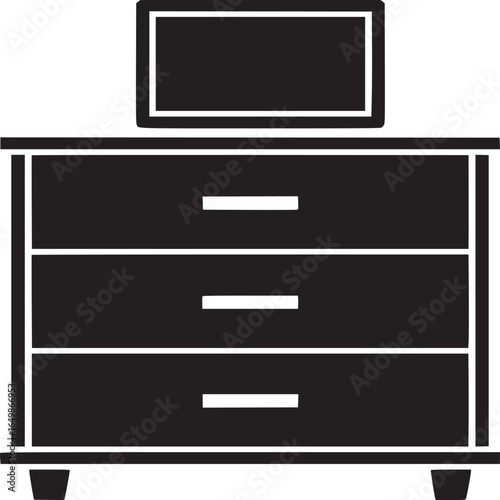 A black and white illustration of a dresser with three drawers and a rectangular object on top of it