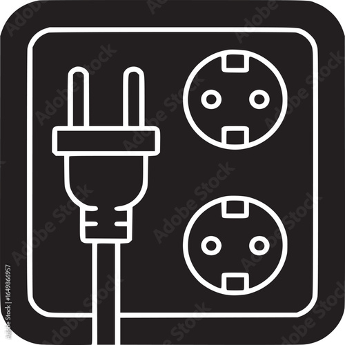 Illustration of a black power outlet with two sockets and a plug on a white background design
