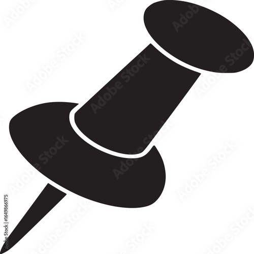 Isolated black pushpin with a white outline on a white background in a simple graphic style image