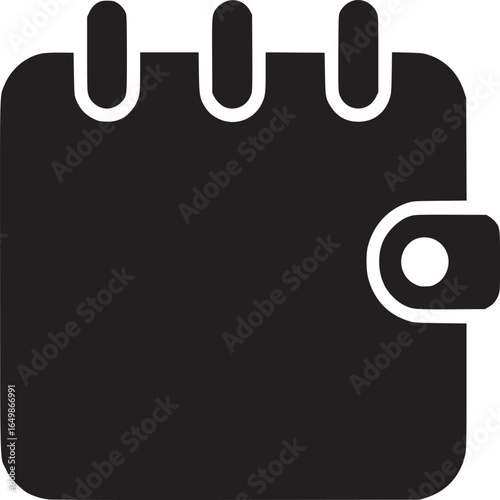A black and white graphic illustration of a calendar with three loops at the top and a clasp on the side
