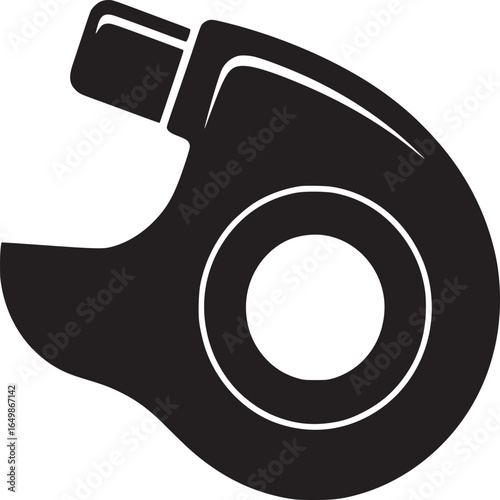 A simple black and white graphic illustration of a whistle with a circular opening and mouthpiece