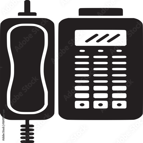 A black and white graphic illustration of a landline telephone with a handset and keypad display area