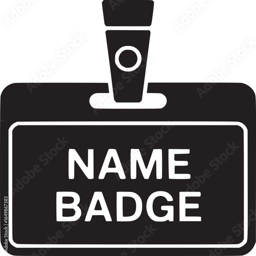 A black name badge with a holder and the words name badge displayed in white on the front side