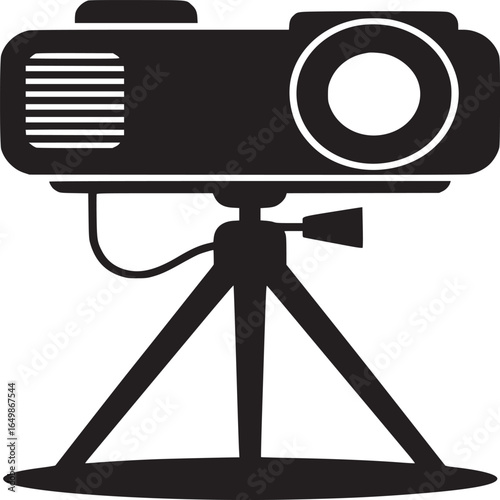 Illustration of a black projector on a tripod with a white background in a simple vector style