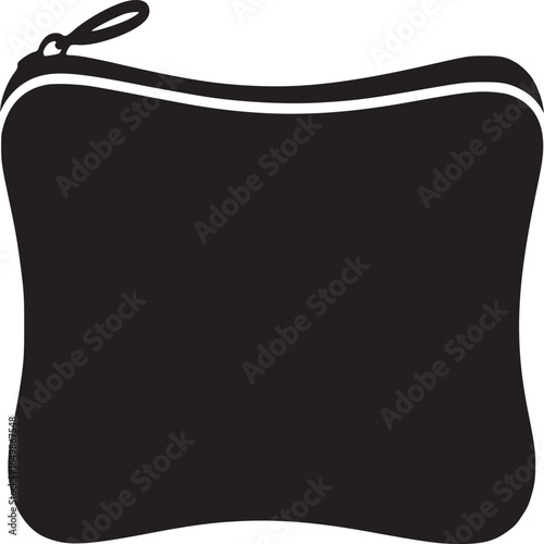 A black pouch with a zipper and a white outline isolated on a white background in a studio shot