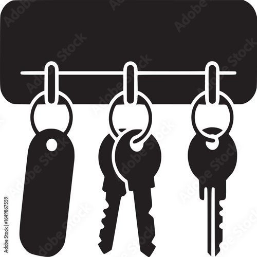 A black and white key holder with three sets of keys and a key tag hanging from it on a white background