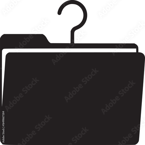 A black and white graphic of a folder with a clothes hanger hook on top isolated on white background