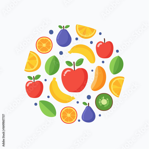 Flat style vector icon of various colorful fruits arranged in a circle, symbolizing balanced diet and healthy eating habits.