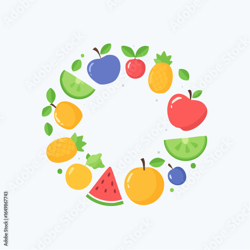 Flat style vector icon of various colorful fruits arranged in a circle, symbolizing balanced diet and healthy eating habits.