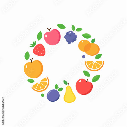 Flat style vector icon of various colorful fruits arranged in a circle, symbolizing balanced diet and healthy eating habits.
